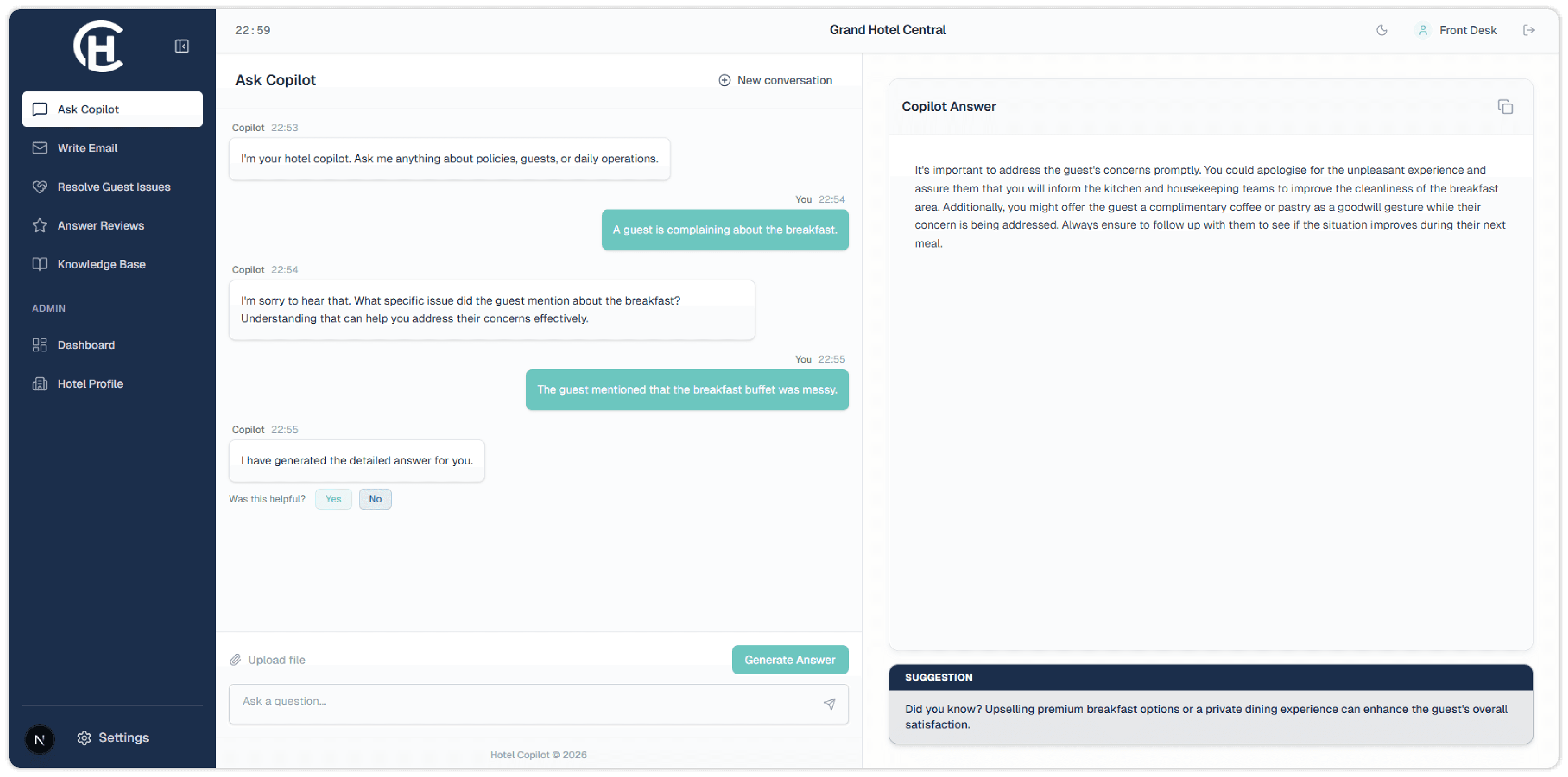 Hotel Co-Pilot interface